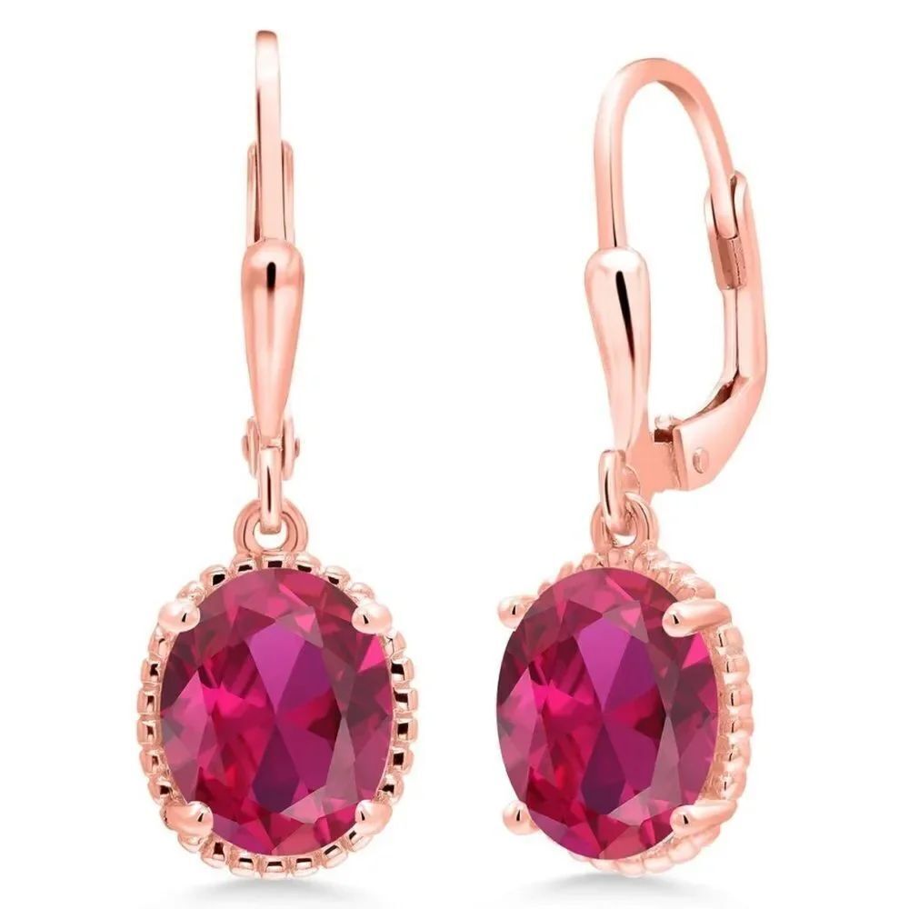 18K Rose Gold 925 with 4.00 Cttw Ruby Oval Leverback Hook Earrings